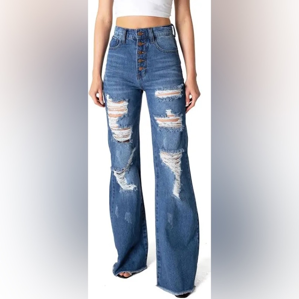 Vibrant MIU High Rise Ripped Wide Leg Flare Jeans Boot Cut Destroyed Cowboy